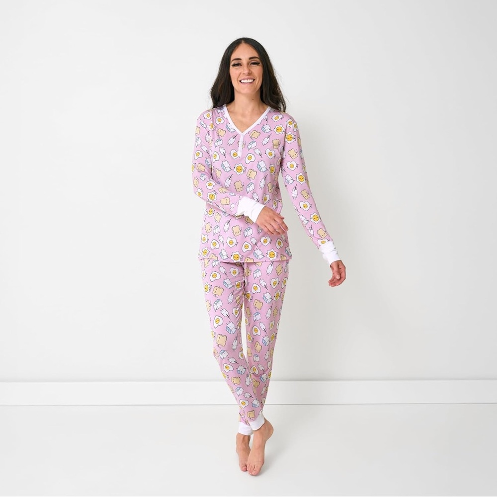 Little Sleepies Womens Pajama Set Pink Breakfast Buddies Large Bamboo - Picture 2 of 16